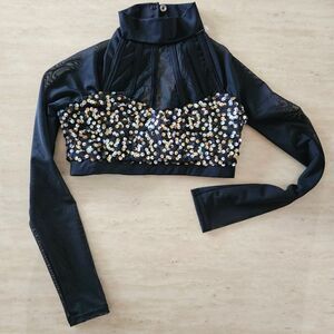 Weissman NWOT child medium half top black mesh with gold sequin costume jazz